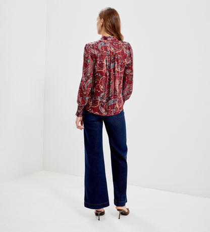 Mavis Burgundy Paisley Pussy Bow Button-Through Chiffon Blouse