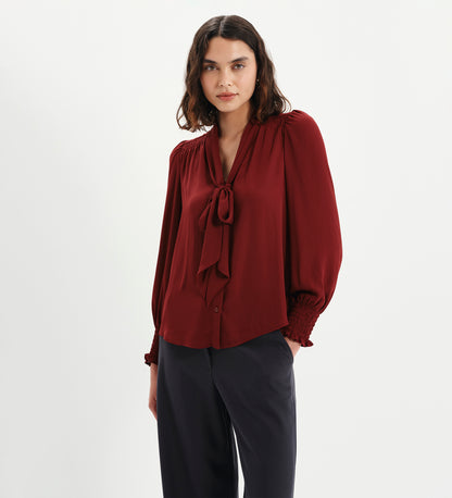 Mavis Burgundy Pussy Bow Button-Through Blouse