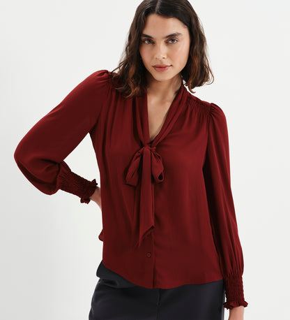 Mavis Burgundy Pussy Bow Button-Through Blouse