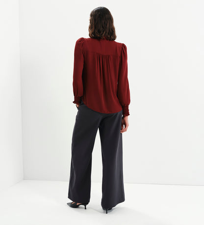 Mavis Burgundy Pussy Bow Button-Through Blouse