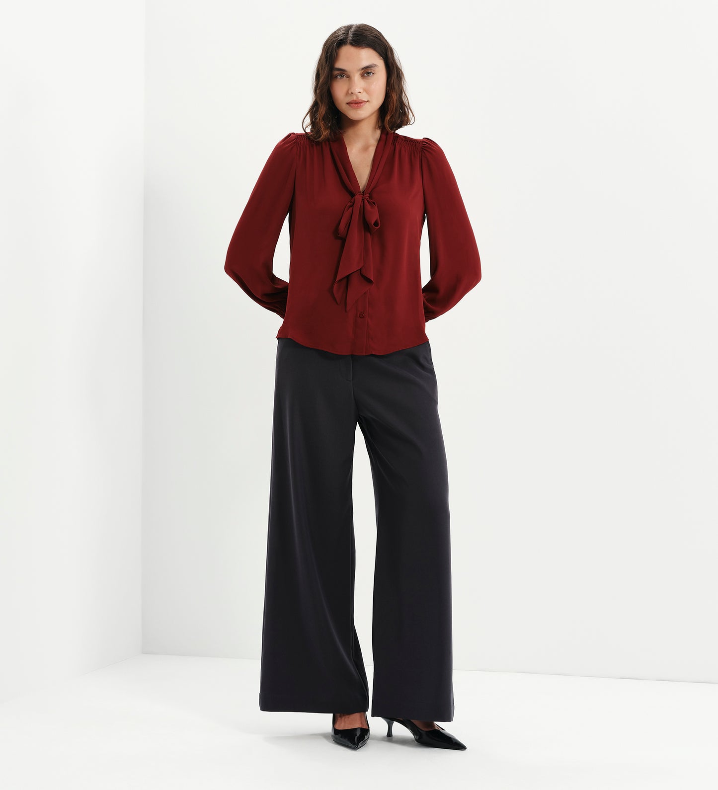 Mavis Burgundy Pussy Bow Button-Through Blouse