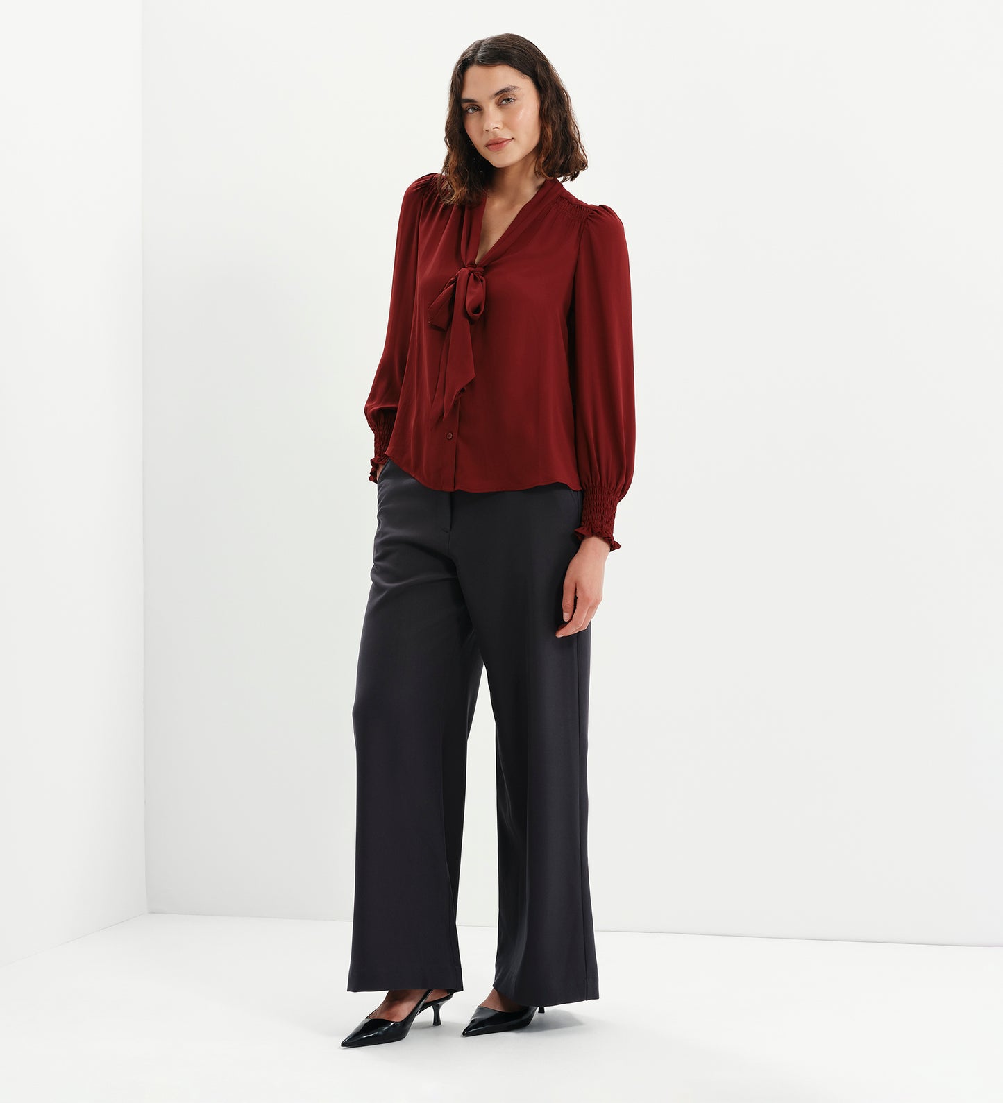 Mavis Burgundy Pussy Bow Button-Through Blouse