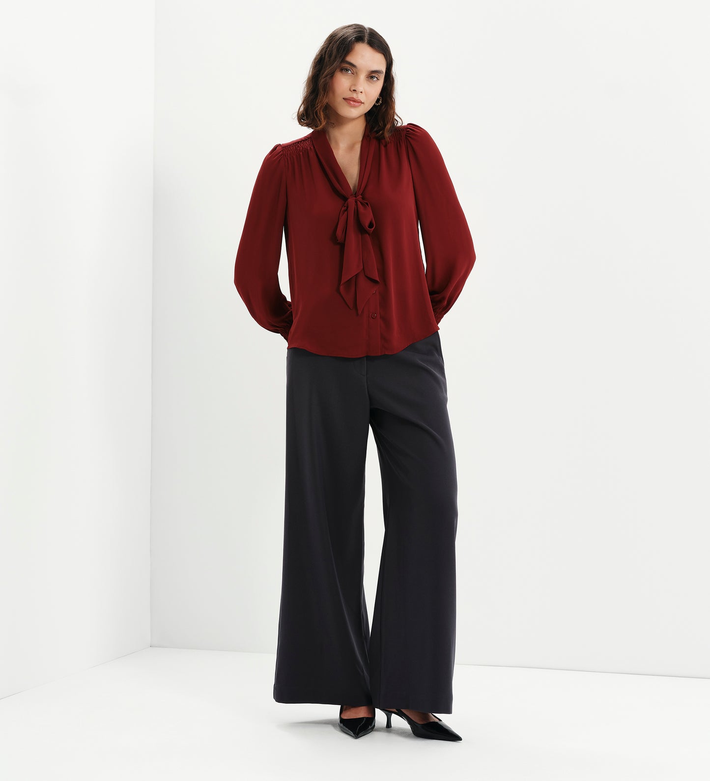 Mavis Burgundy Pussy Bow Button-Through Blouse