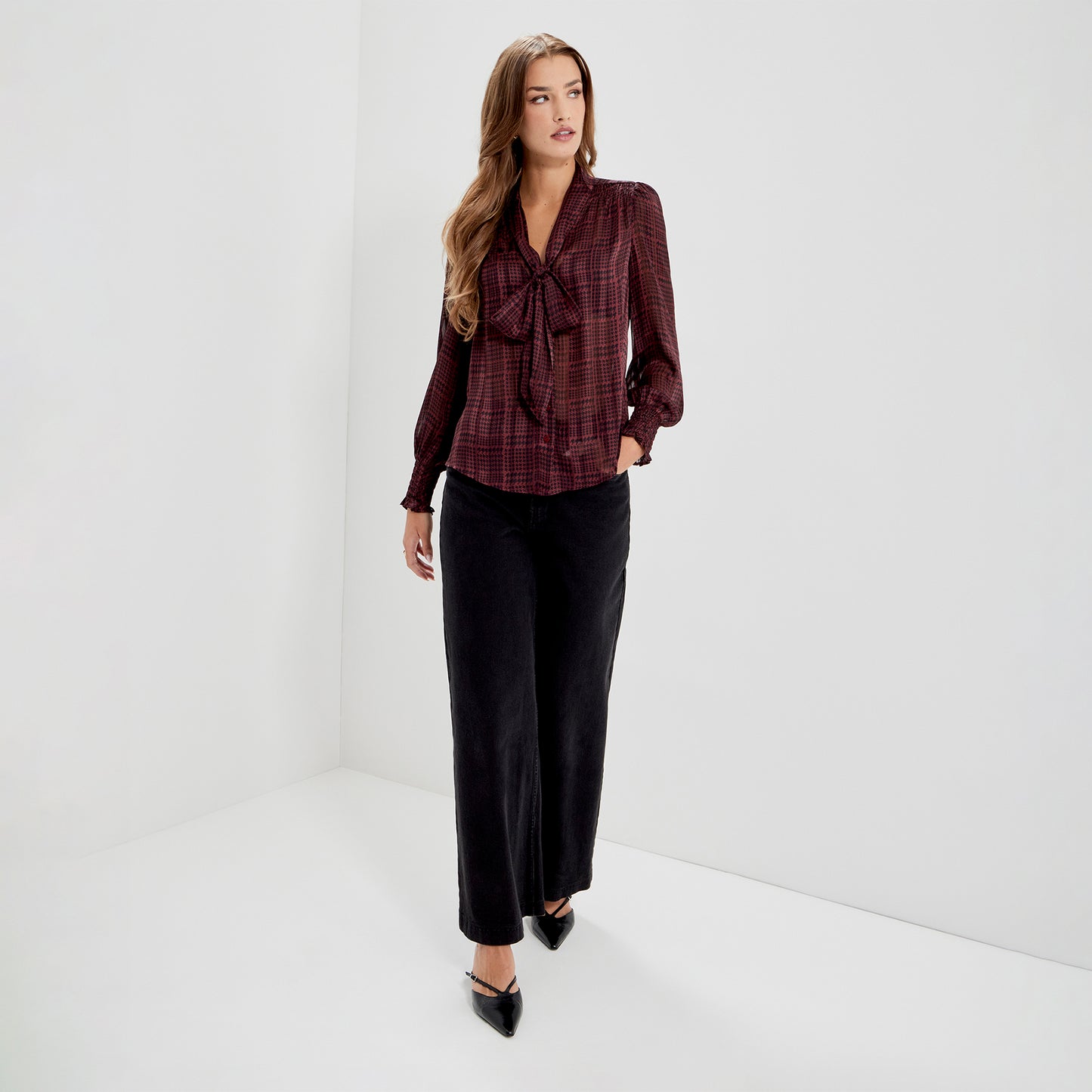 Mavis Burgundy Houndstooth Pussy Bow Button-Through Chiffon Blouse