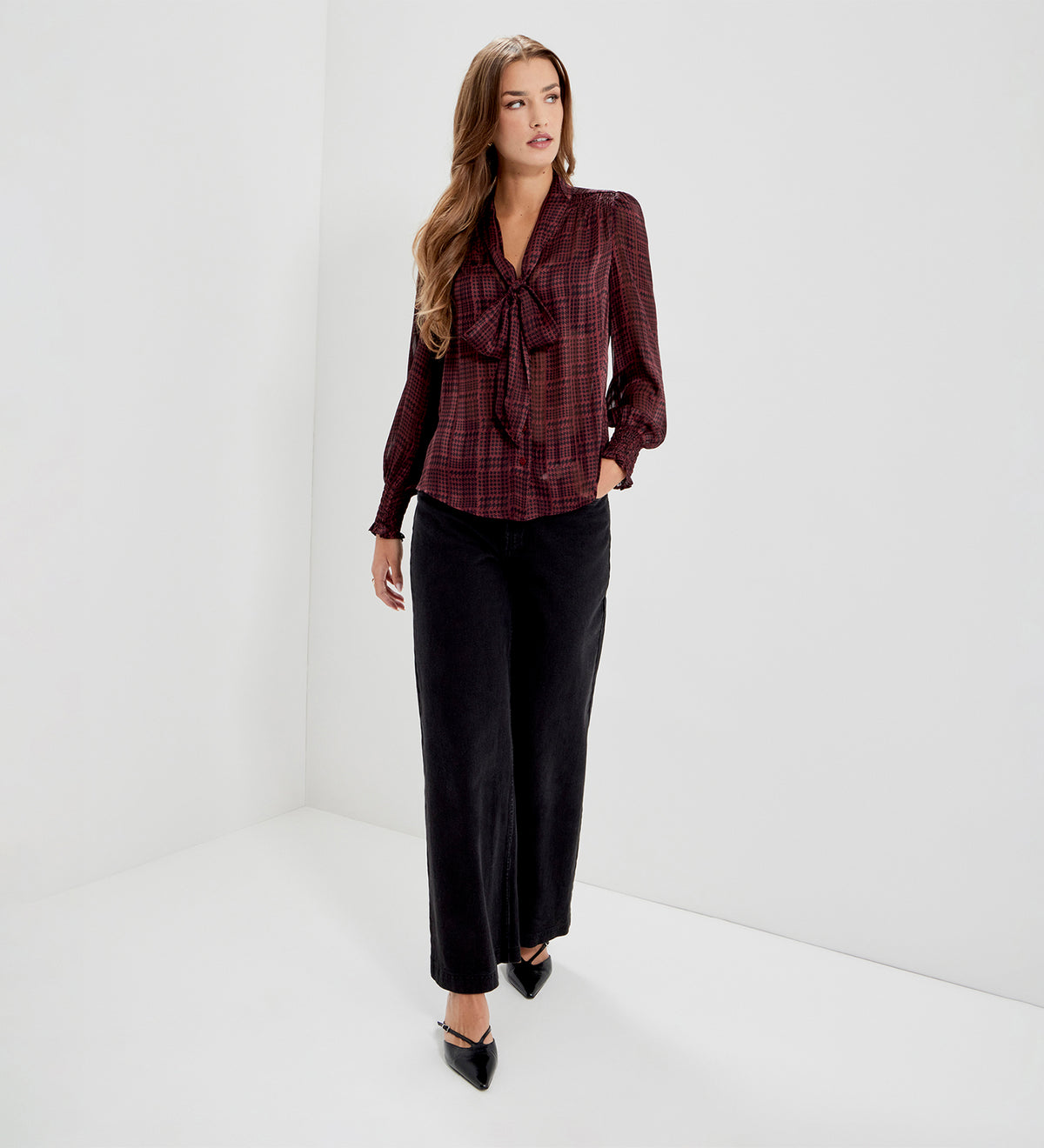 Mavis Burgundy Houndstooth Pussy Bow Button-Through Chiffon Blouse