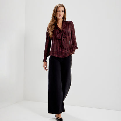 Mavis Burgundy Houndstooth Pussy Bow Button-Through Chiffon Blouse