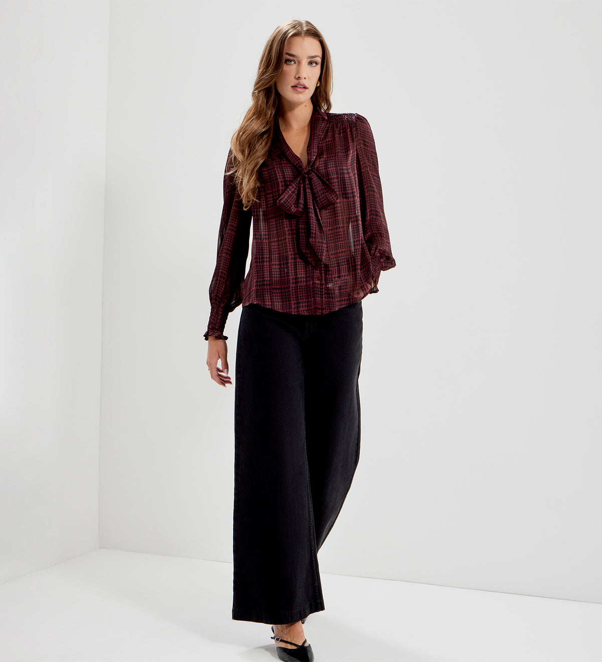 Mavis Burgundy Houndstooth Pussy Bow Button-Through Chiffon Blouse