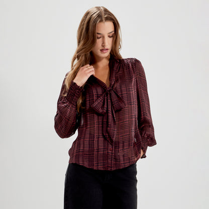 Mavis Burgundy Houndstooth Pussy Bow Button-Through Chiffon Blouse