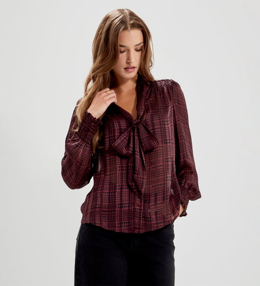 Mavis Burgundy Houndstooth Pussy Bow Button-Through Chiffon Blouse