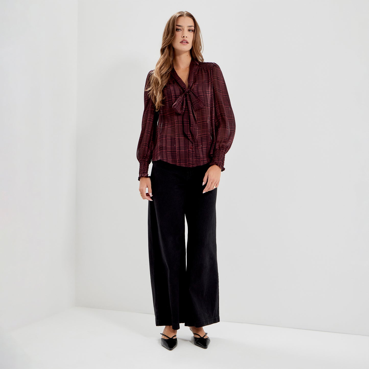 Mavis Burgundy Houndstooth Pussy Bow Button-Through Chiffon Blouse