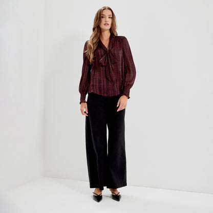 Mavis Burgundy Houndstooth Pussy Bow Button-Through Chiffon Blouse