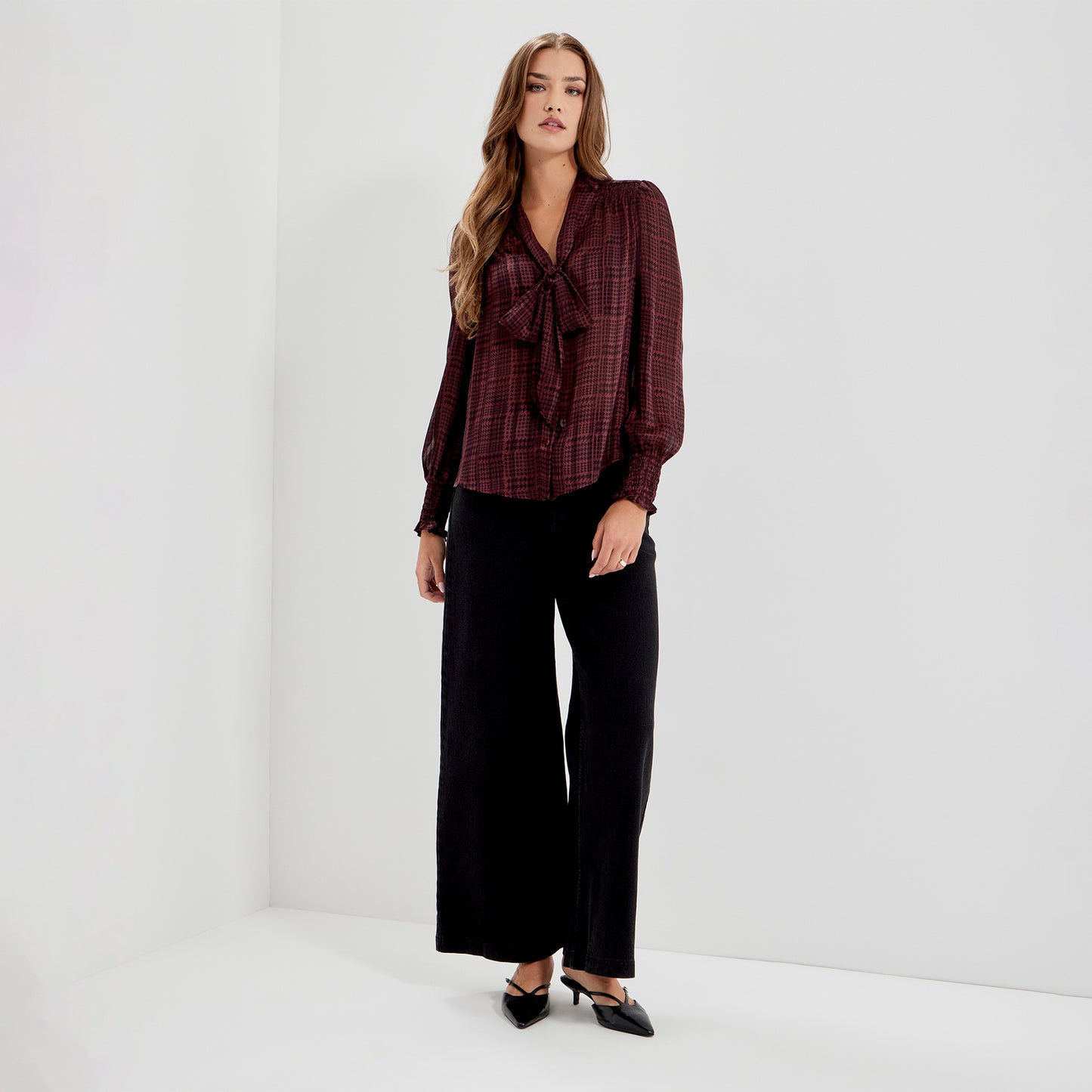 Mavis Burgundy Houndstooth Pussy Bow Button-Through Chiffon Blouse