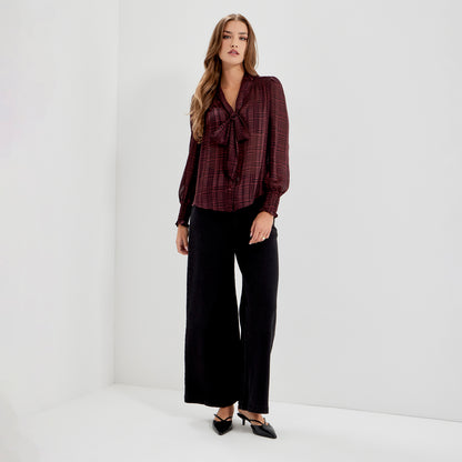 Mavis Burgundy Houndstooth Pussy Bow Button-Through Chiffon Blouse