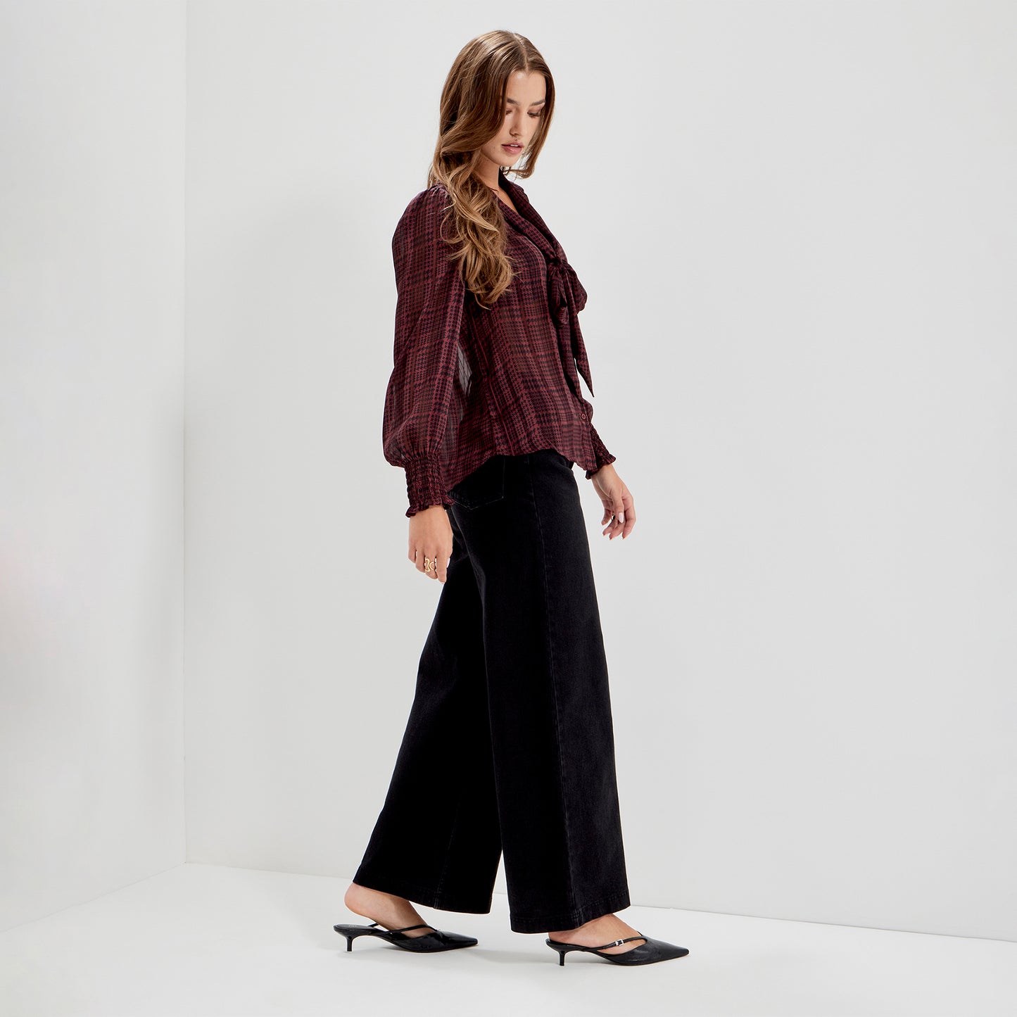 Mavis Burgundy Houndstooth Pussy Bow Button-Through Chiffon Blouse