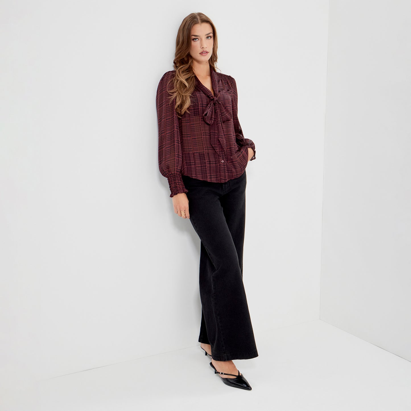 Mavis Burgundy Houndstooth Pussy Bow Button-Through Chiffon Blouse