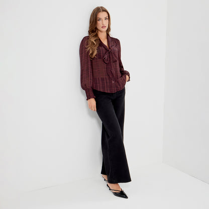 Mavis Burgundy Houndstooth Pussy Bow Button-Through Chiffon Blouse