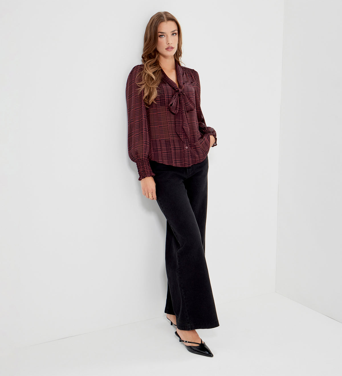 Mavis Burgundy Houndstooth Pussy Bow Button-Through Chiffon Blouse