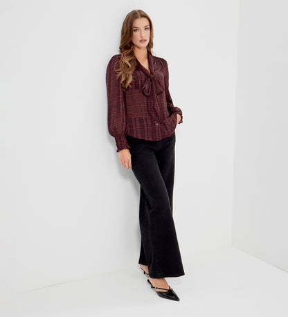 Mavis Burgundy Houndstooth Pussy Bow Button-Through Chiffon Blouse