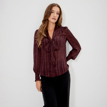 Mavis Burgundy Houndstooth Pussy Bow Button-Through Chiffon Blouse