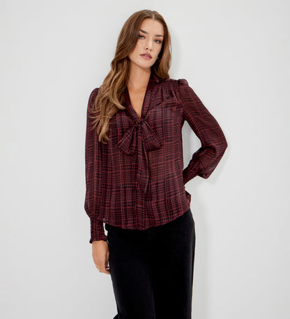 Mavis Burgundy Houndstooth Pussy Bow Button-Through Chiffon Blouse