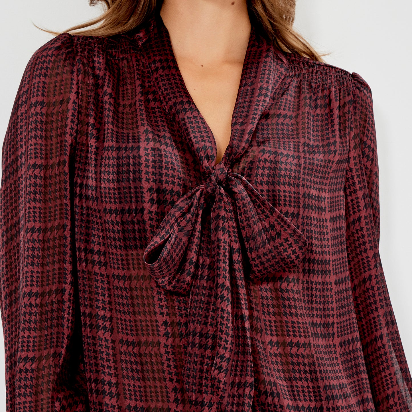 Mavis Burgundy Houndstooth Pussy Bow Button-Through Chiffon Blouse