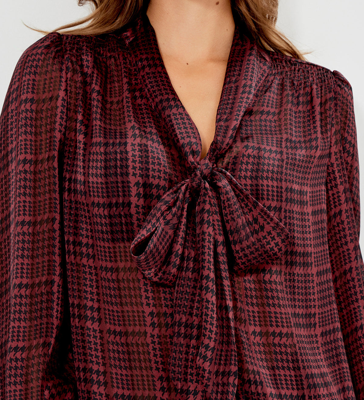 Mavis Burgundy Houndstooth Pussy Bow Button-Through Chiffon Blouse