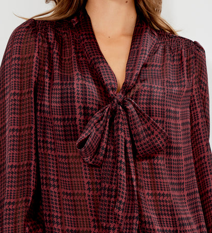 Mavis Burgundy Houndstooth Pussy Bow Button-Through Chiffon Blouse