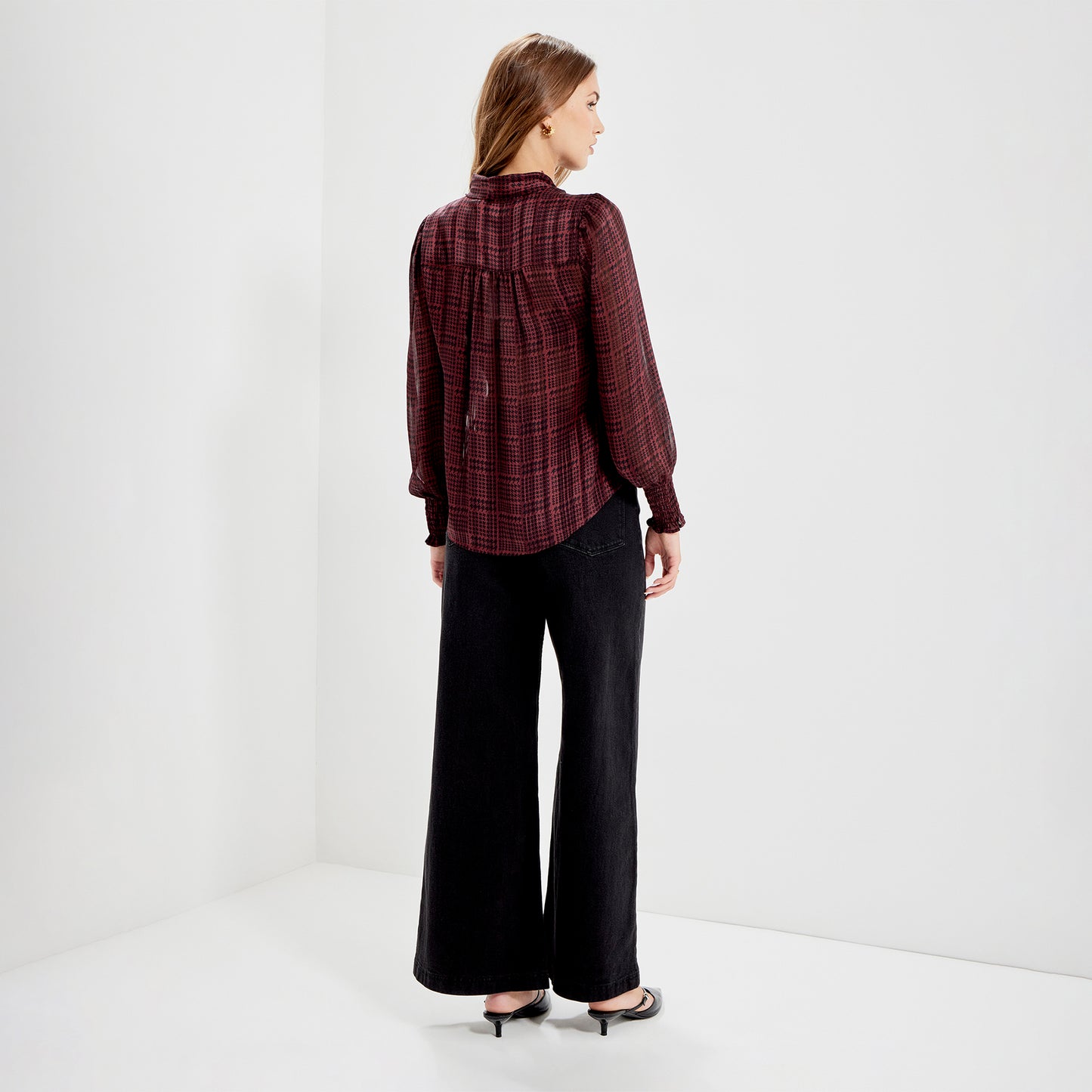 Mavis Burgundy Houndstooth Pussy Bow Button-Through Chiffon Blouse