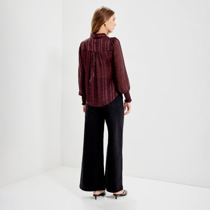 Mavis Burgundy Houndstooth Pussy Bow Button-Through Chiffon Blouse