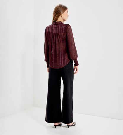 Mavis Burgundy Houndstooth Pussy Bow Button-Through Chiffon Blouse
