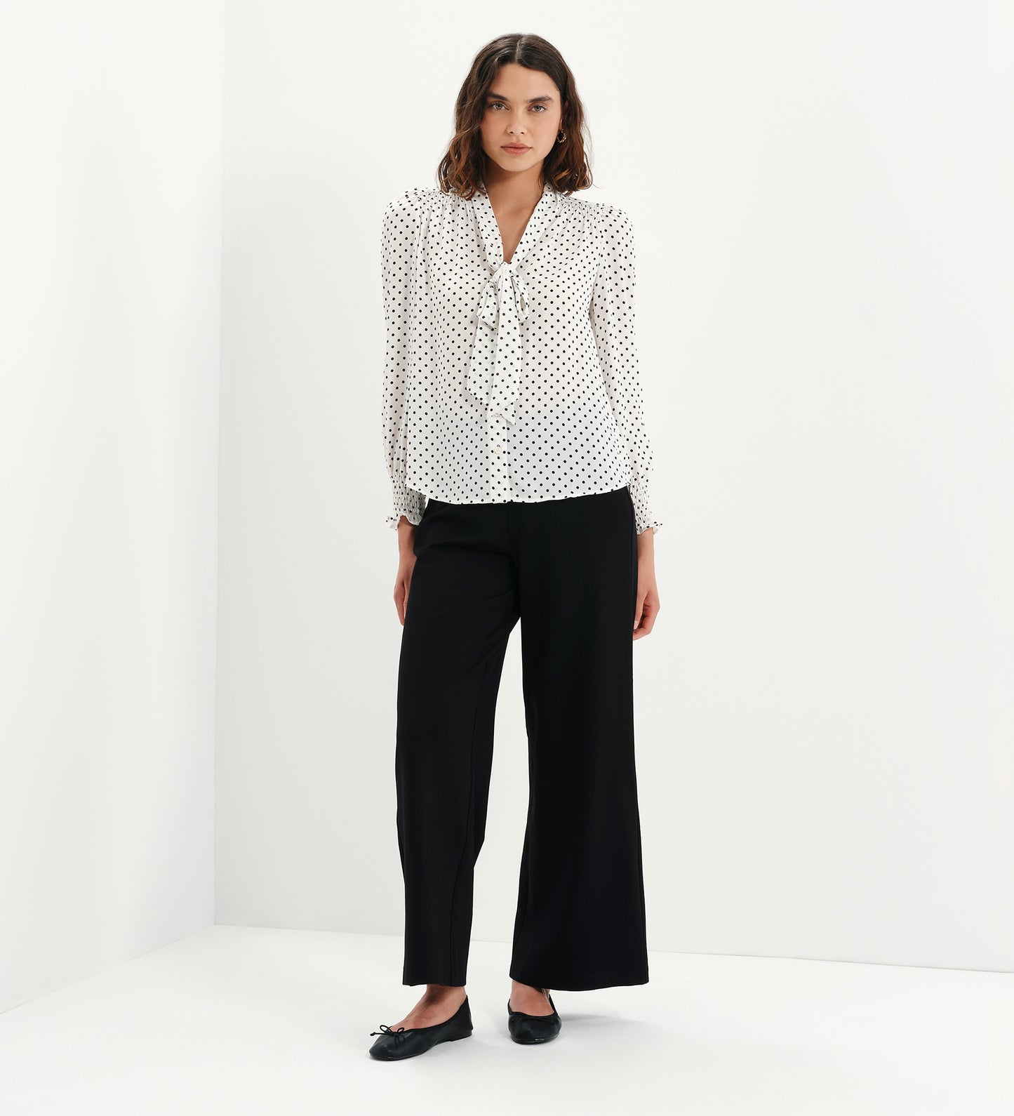 Mavis Ivory Polka Dot Pussy Bow Blouson Sleeve Blouse