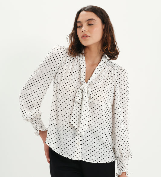 Mavis Ivory Polka Dot Pussy Bow Blouson Sleeve Blouse