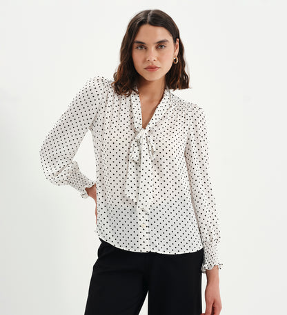Mavis Ivory Polka Dot Pussy Bow Blouson Sleeve Blouse