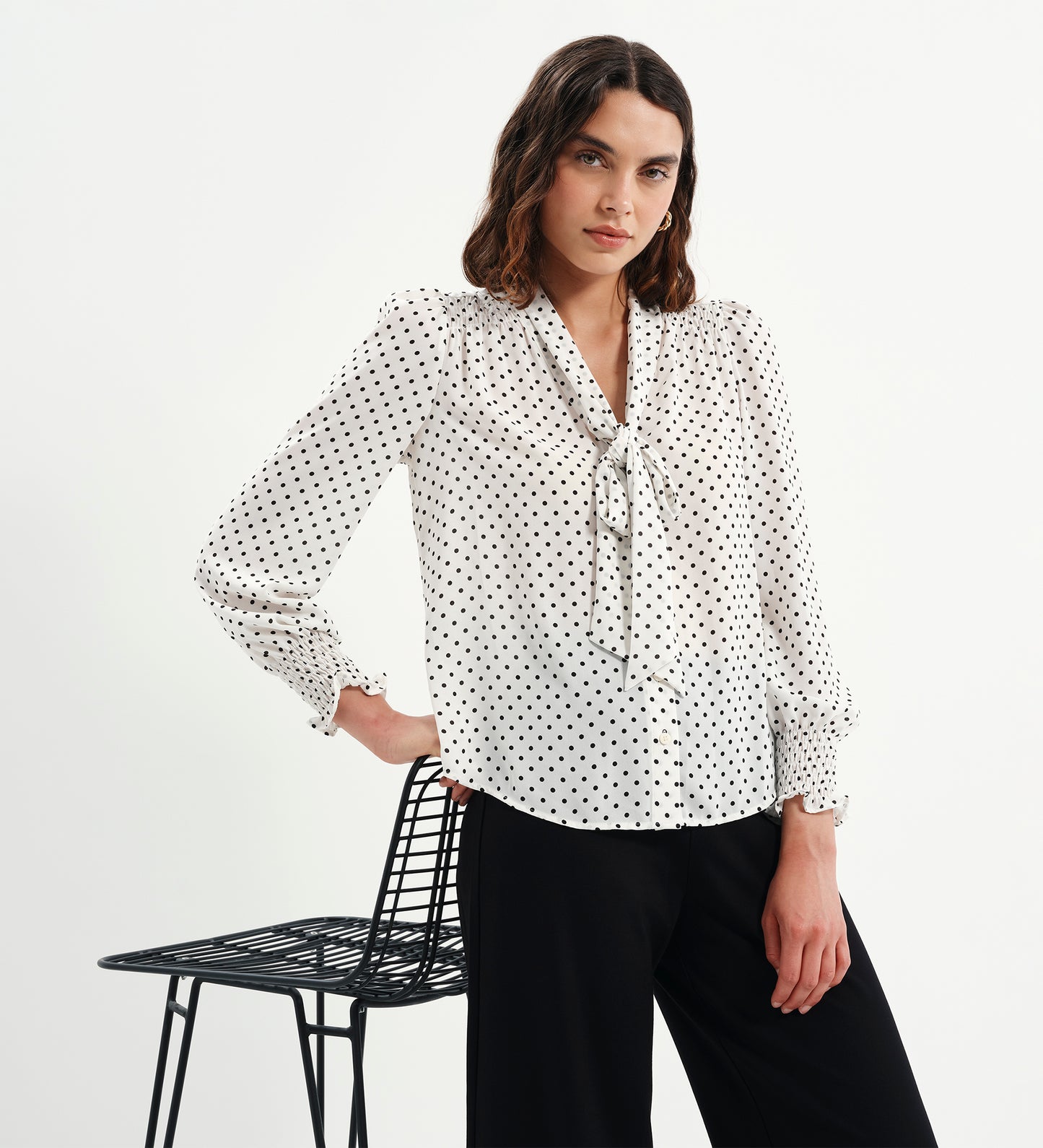 Mavis Ivory Polka Dot Pussy Bow Blouson Sleeve Blouse