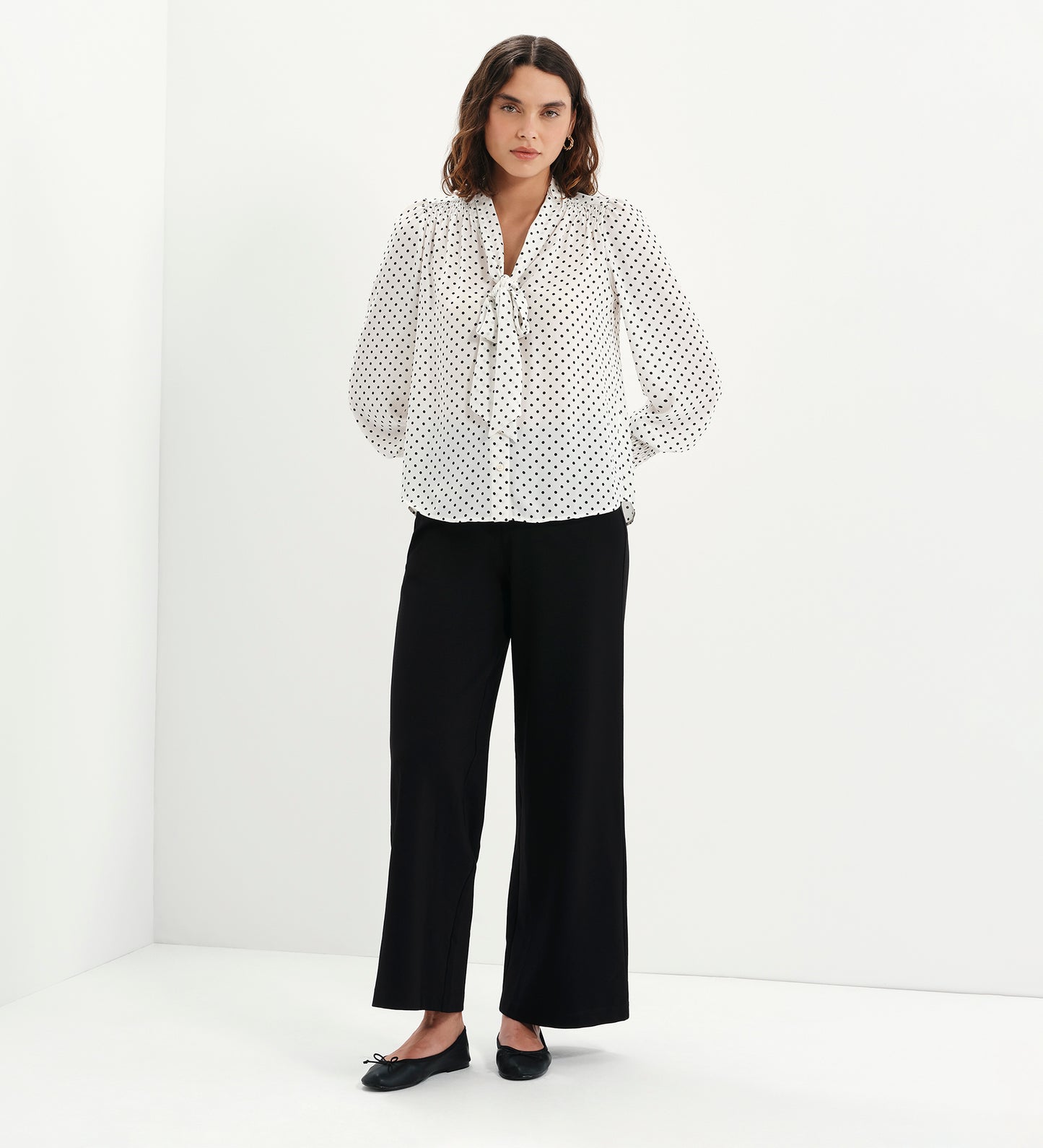 Mavis Ivory Polka Dot Pussy Bow Blouson Sleeve Blouse
