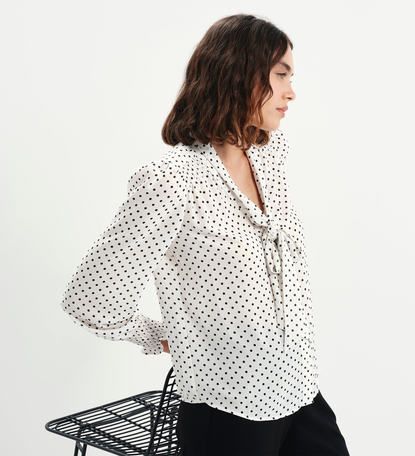 Mavis Ivory Polka Dot Pussy Bow Blouson Sleeve Blouse