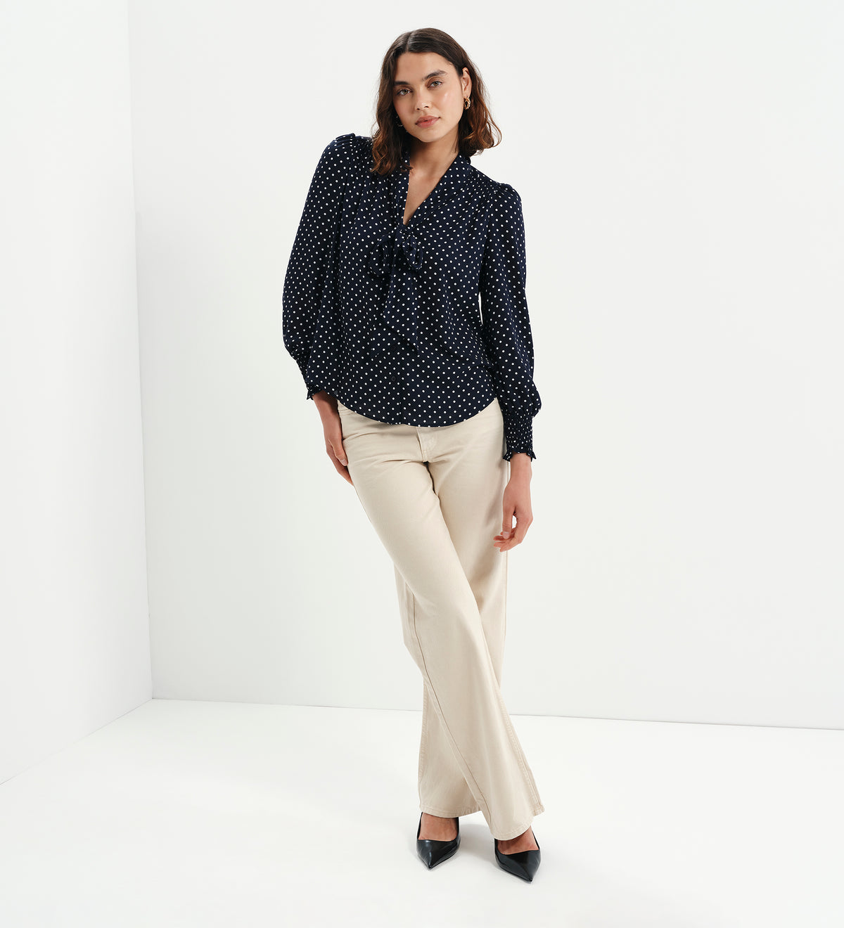 Mavis Navy Polka Dot Pussy Bow Blouson Sleeve Blouse