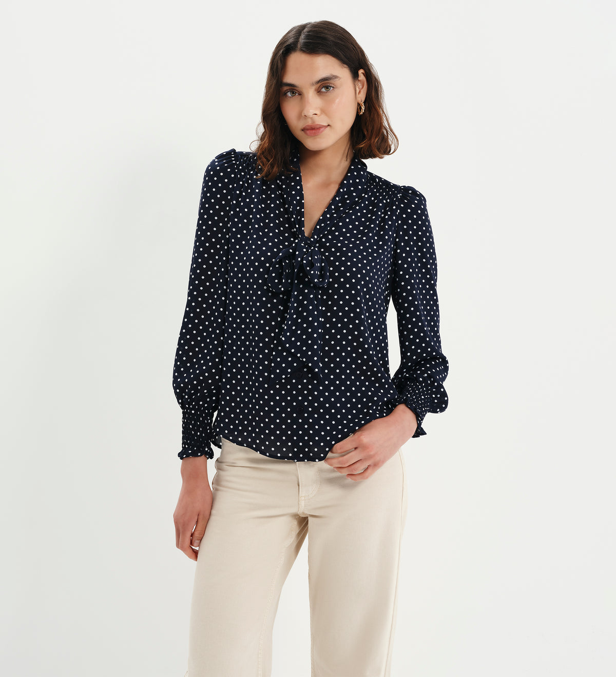 Mavis Navy Polka Dot Pussy Bow Blouson Sleeve Blouse