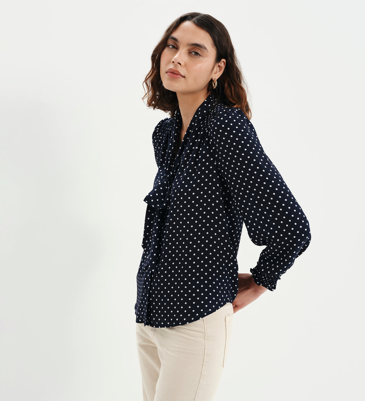 Mavis Navy Polka Dot Pussy Bow Blouson Sleeve Blouse