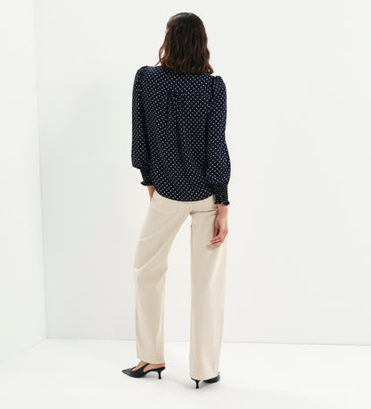 Mavis Navy Polka Dot Pussy Bow Blouson Sleeve Blouse