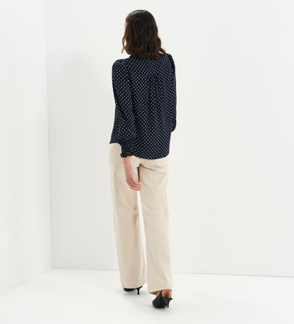 Mavis Navy Polka Dot Pussy Bow Blouson Sleeve Blouse