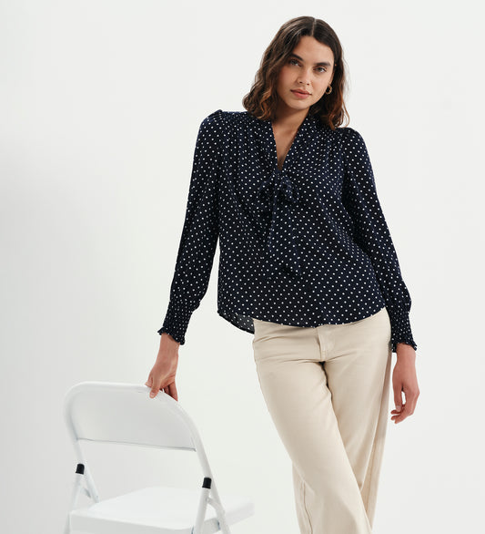 Mavis Navy Polka Dot Pussy Bow Blouson Sleeve Blouse