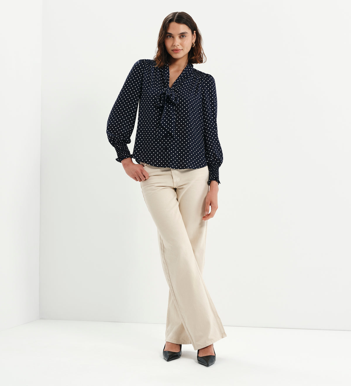 Mavis Navy Polka Dot Pussy Bow Blouson Sleeve Blouse