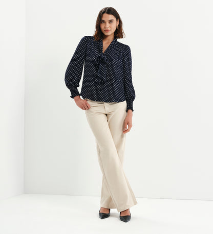 Mavis Navy Polka Dot Pussy Bow Blouson Sleeve Blouse