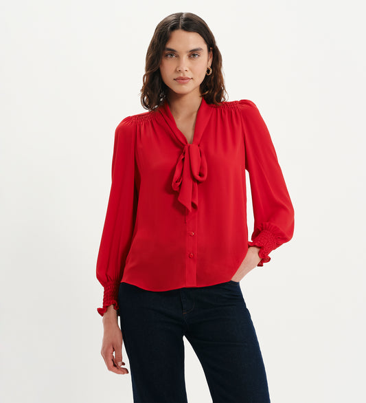 Mavis Red Pussy Bow Button-Through Blouse