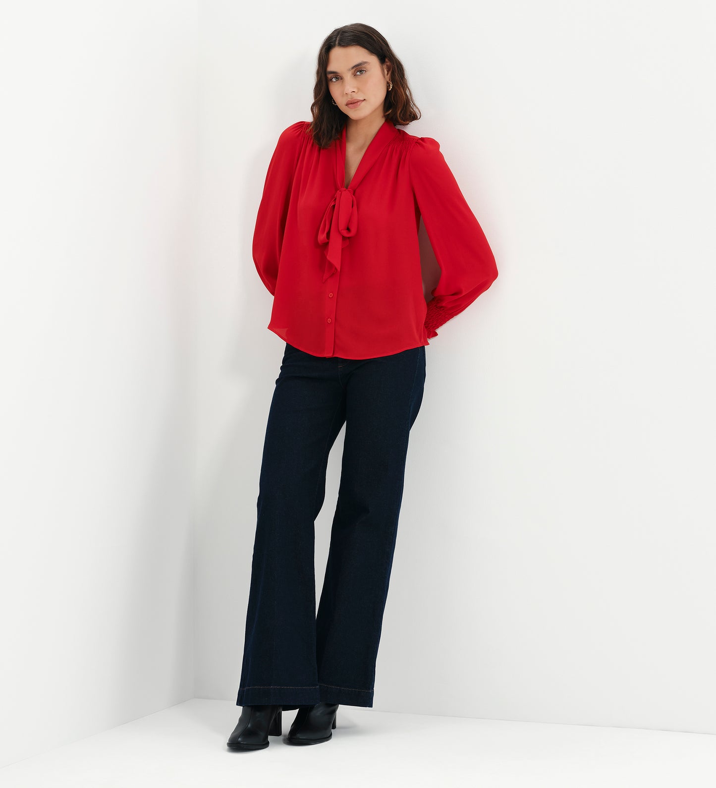 Mavis Red Pussy Bow Button-Through Blouse
