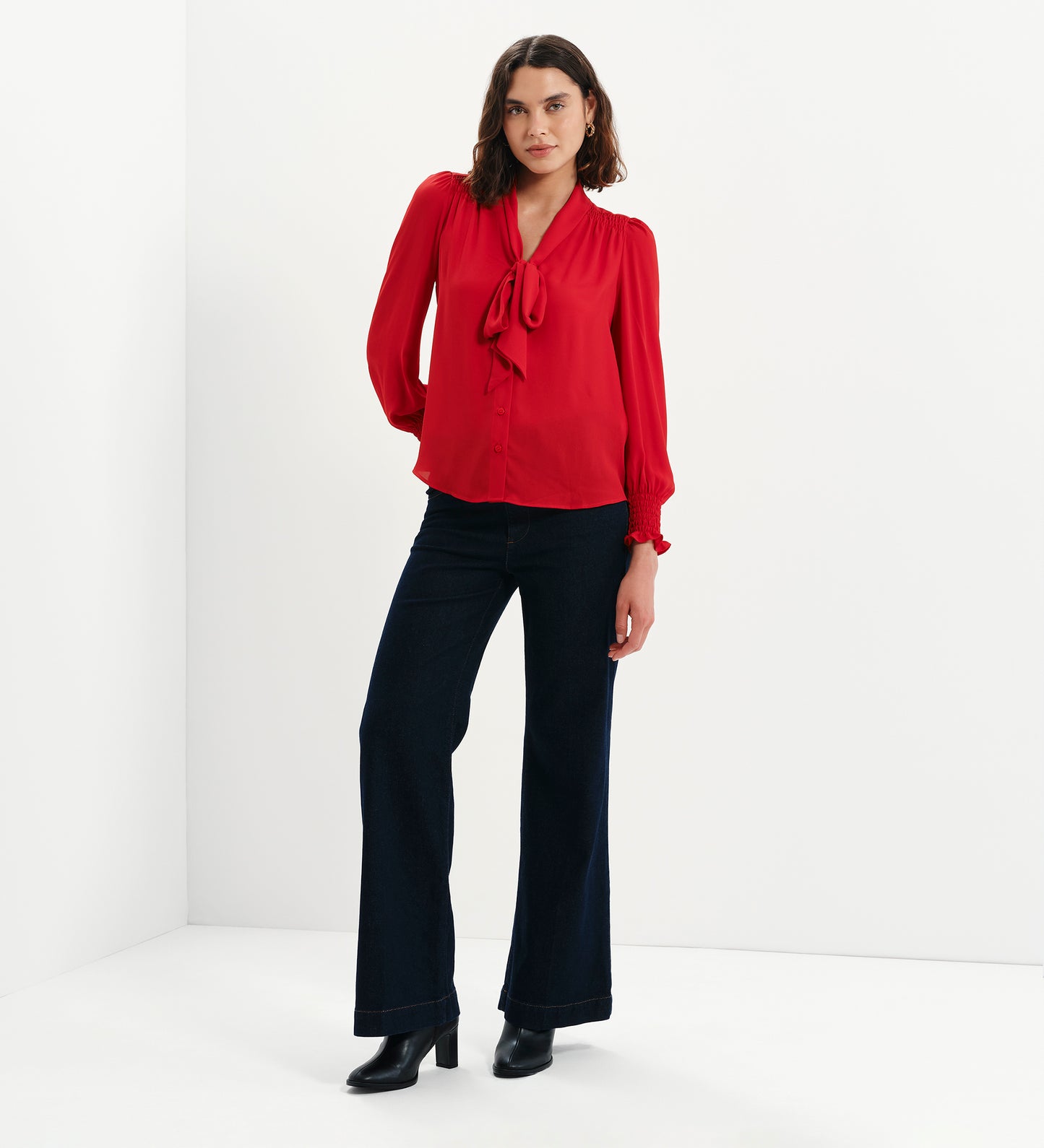 Mavis Red Pussy Bow Button-Through Blouse