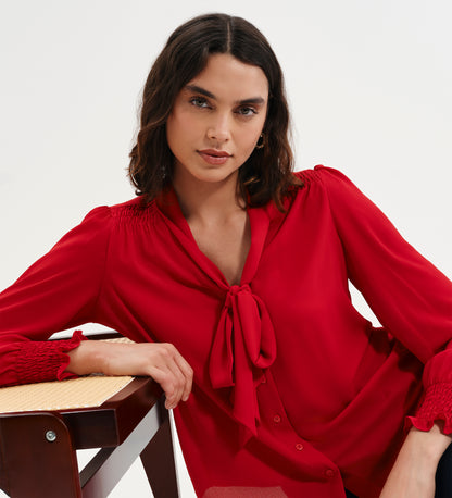 Mavis Red Pussy Bow Button-Through Blouse