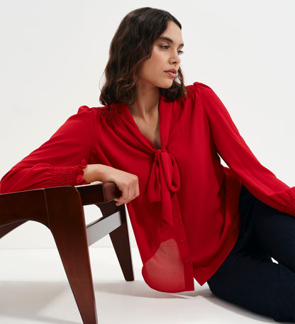 Mavis Red Pussy Bow Button-Through Blouse