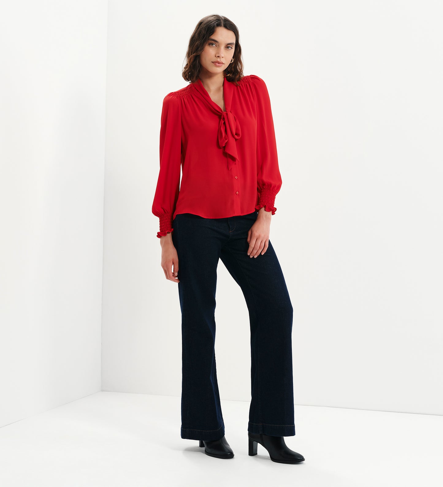 Mavis Red Pussy Bow Button-Through Blouse